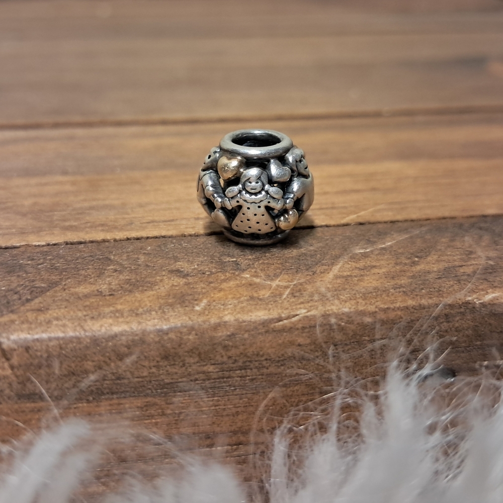 Pandora 925 Silver And 14K Gold "Family Forever" Charm Bracelet Bead